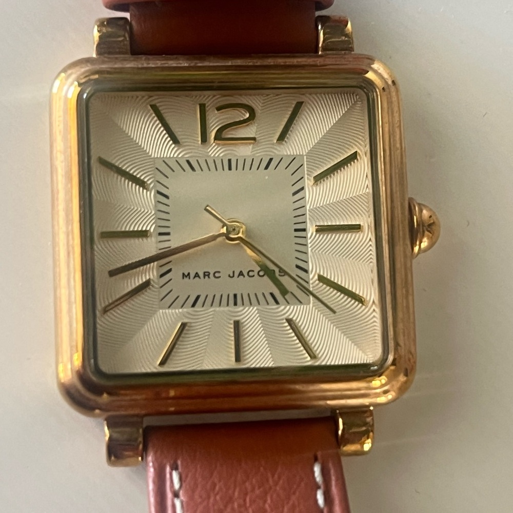 Marc Jacobs Gold Square Watch with Brown Strap